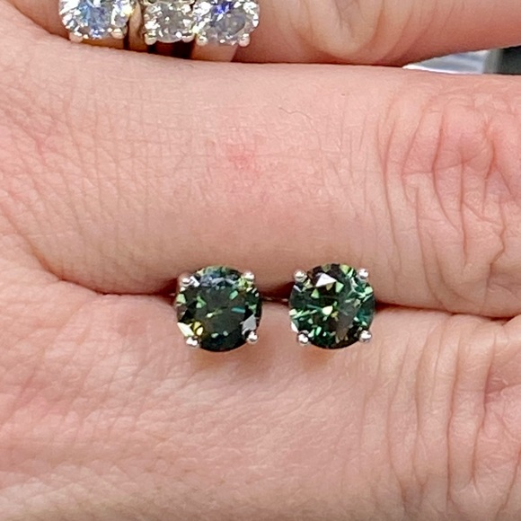 Certified 1 Carat Green Diamond Stud Earrings ~ Authentic Moissanite Studs - Picture 4 of 10